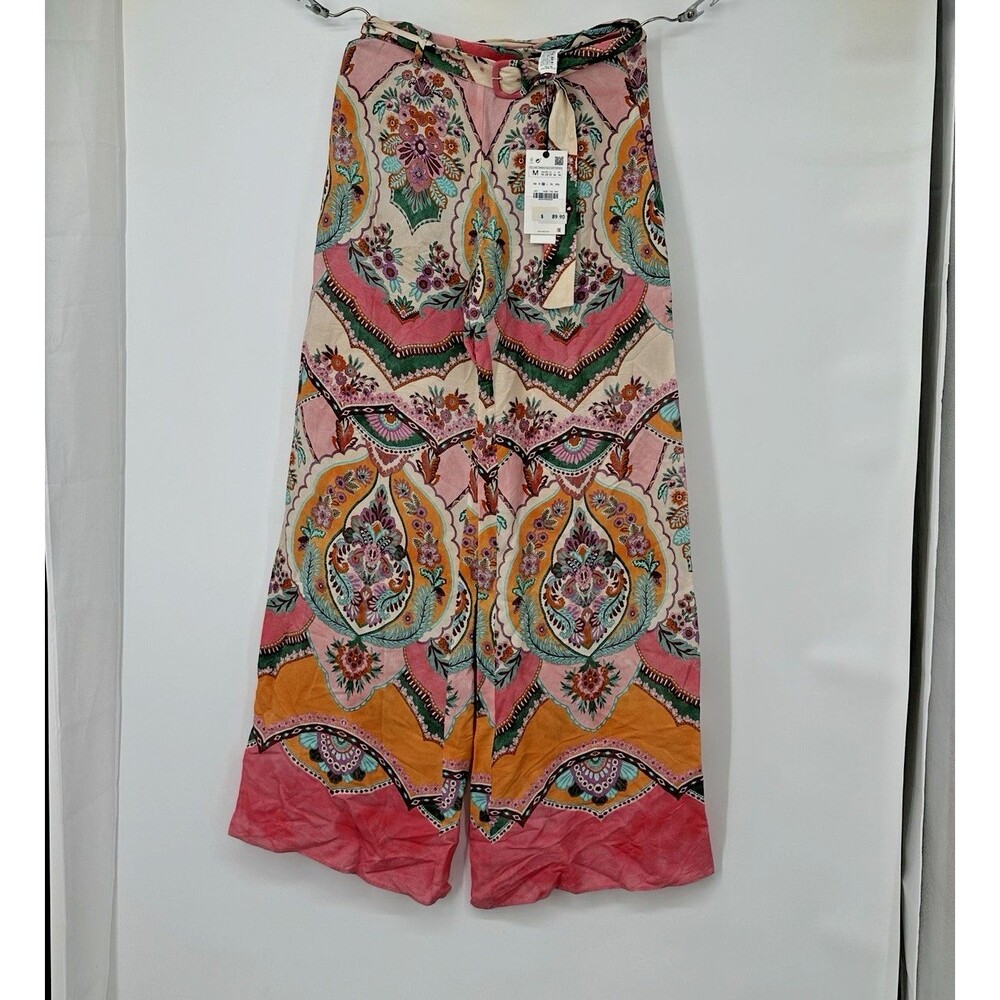Zara Pink Multi Paisley Straight-Leg palazzo Pants nwt size M